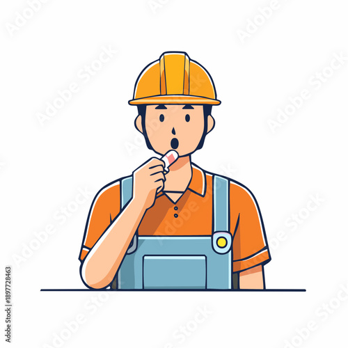 塩分タブレットを口にする作業員のフラットイラスト 熱中症対策の人物素材