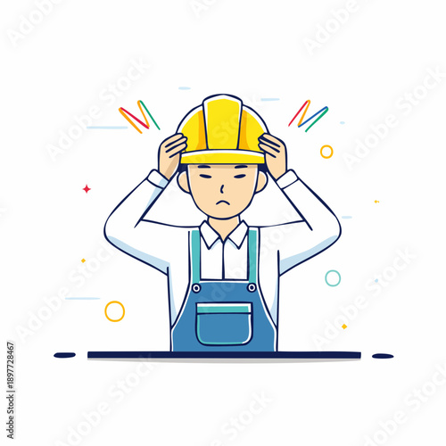 熱中症で頭を押さえる作業員のフラットイラスト 体調不良の人物素材