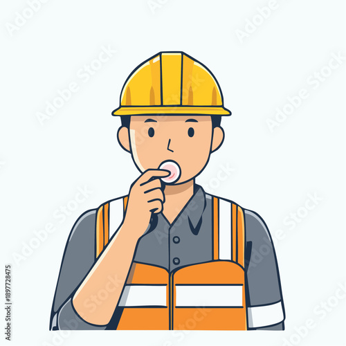 塩分タブレットを口にする作業員のフラットイラスト 熱中症対策の人物素材