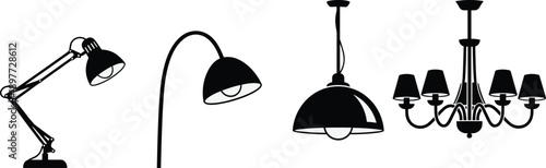Lamp silhouettes collection, desk lamp, floor lamp, pendant light, chandelier icons, home interior lighting vector illustration isolated