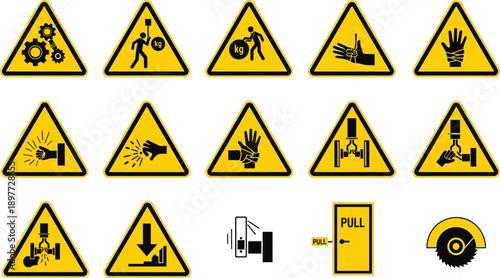 Machinery and hand injury warning signs set, crushing, cutting, impact hazards, industrial safety symbols, workplace danger icons collection