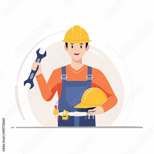 レンチを持つ作業員のフラットイラスト 整備職の人物素材
