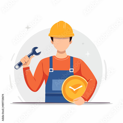 レンチを持つ作業員のフラットイラスト 整備職の人物素材