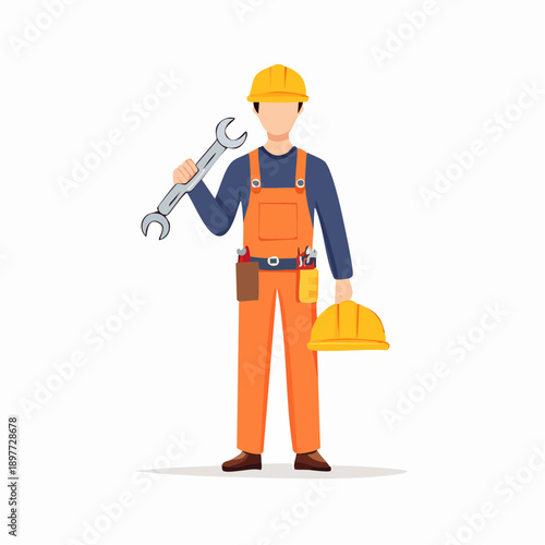 レンチを持つ作業員のフラットイラスト 整備職の人物素材