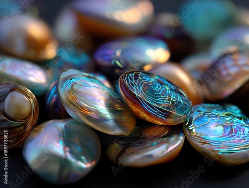 Colorful iridescent shells with a glossy surface reflect light, creating vibrant hues of blue, green, and gold. The focus is sharp in the foreground and softly blurred in the background