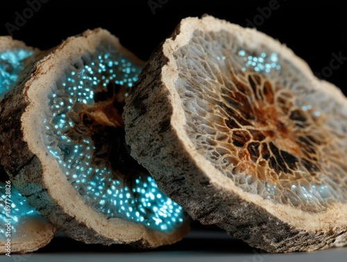Cross-sections of a tree branch reveal intricate glowing blue patterns on the inner rings, contrasting with dark central cores and textured rough outer bark