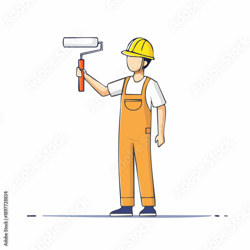 ローラーで塗装する作業員のベクターイラスト 塗装工イメージ