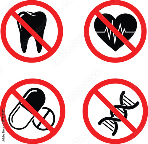 Medical prohibition symbols set, no heart disease, no dental problems, no pills, no DNA, healthcare restriction icons