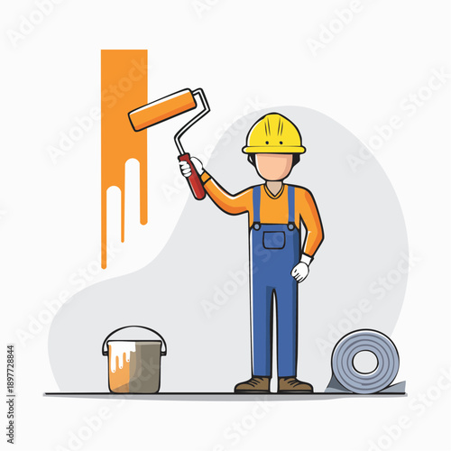 ローラーで塗装する作業員のベクターイラスト 塗装工イメージ