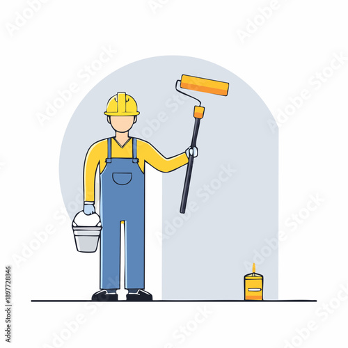 ローラーで塗装する作業員のベクターイラスト 塗装工イメージ
