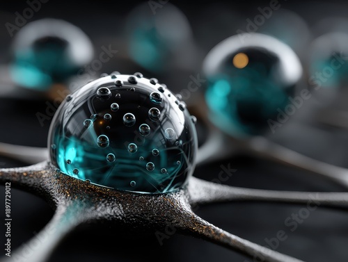 Macro shot of a transparent spherical structure with bubbles inside, connected by metallic branches. Several blurred orbs in the background, creating a futuristic, abstract look