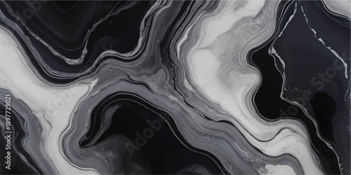 An artistic black and white abstract background featuring a metallic gold swirl and wavy liquid textures that create a flowing paint design for an elegant wallpaper backdrop