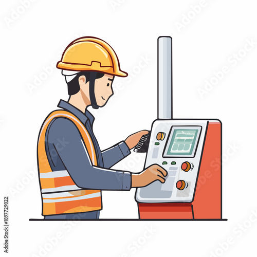 制御盤を操作する建設作業員のベクターイラスト 現場管理イメージ