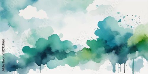 Abstract watercolor hand drawn background featuring blue clouds and white fluffy sky texture on vintage paper with soft summer sunlight and a beautiful nature atmosphere
