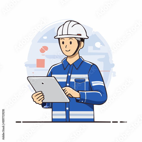 タブレットを持つ建設作業員のベクターイラスト 建設DXイメージ