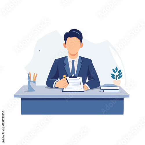 デスクで書類を書くビジネスマンのベクターイラスト 正面構図