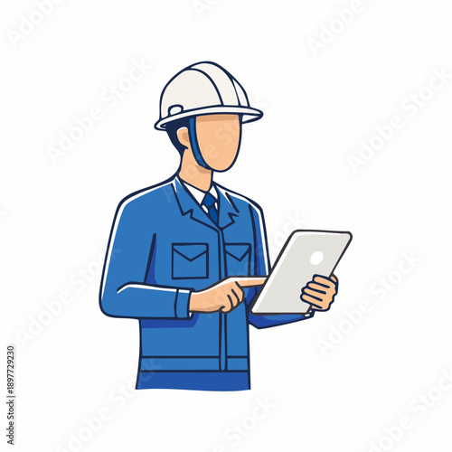 タブレットを持つ建設作業員のベクターイラスト 建設DXイメージ