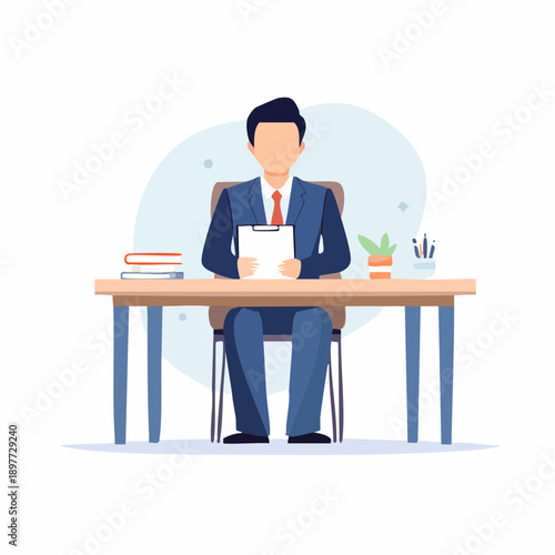デスクで書類を書くビジネスマンのベクターイラスト 正面構図