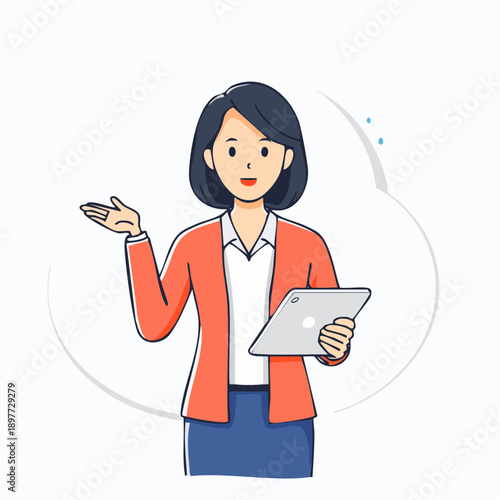 タブレットを持って案内するビジネスウーマンのベクターイラスト 上半身
