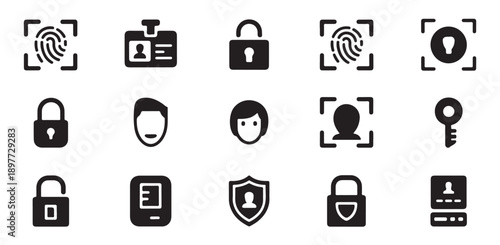Facial recognition and fingerprint scanning security icons for identity verification systems