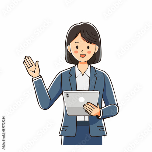 タブレットを持って案内するビジネスウーマンのベクターイラスト 上半身