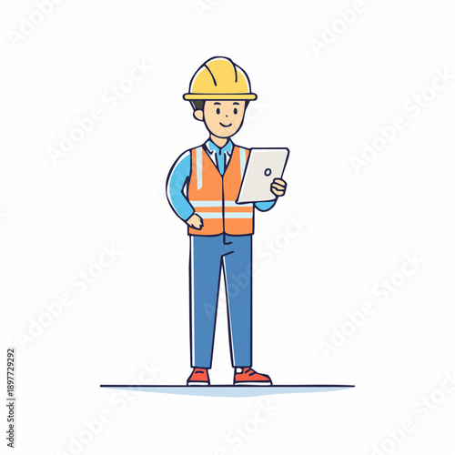 タブレットを持つ建設作業員のベクターイラスト 建設DXイメージ
