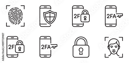 Authentication methods line icons. cyber security, fingerprint, face id and two factor authentication