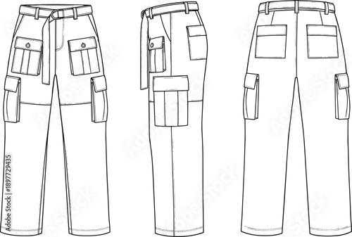Black and white cargo pants technical flat front side back view fashion utility trousers outline vector template design
