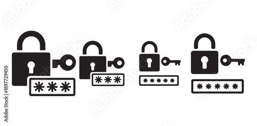 Padlock and password icons. security login, password protection, and access control vector symbols