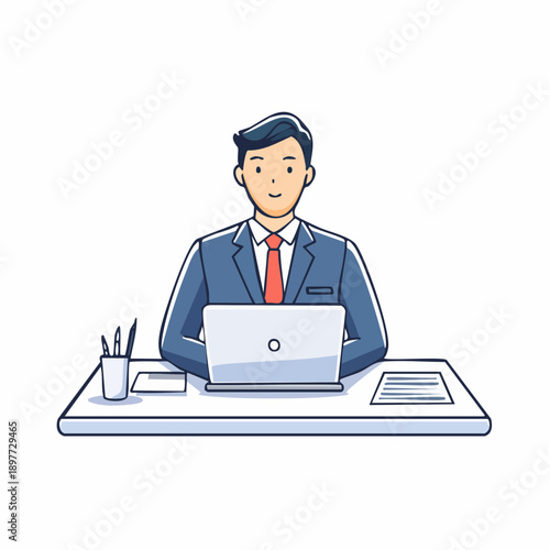 デスクでパソコン作業をするビジネスマンのベクターイラスト 正面構図