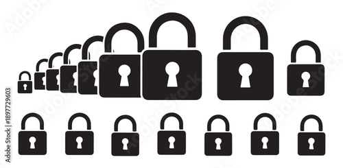 Array of black padlocks with varying sizes in one row and uniform sizes in another