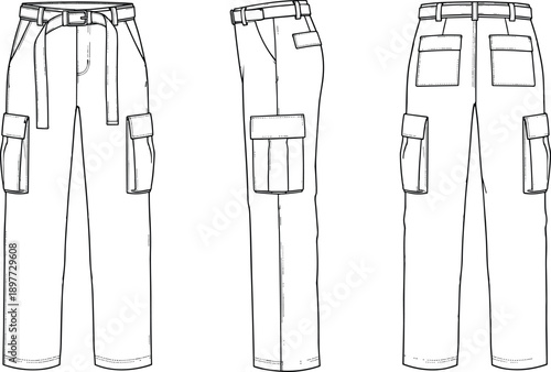 Black and white cargo trousers technical flat front side back view utility pants outline vector template fashion design