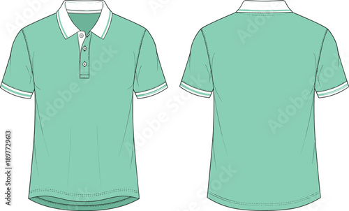 Green polo shirt technical flat front back view short sleeve collared sportswear outline vector apparel design template