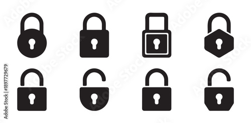 Assorted padlock icons showcasing open and closed positions for web security design vector