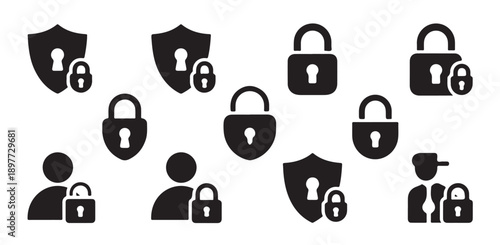 User account protection and shield security icons featuring padlocks and keyholes silhouette