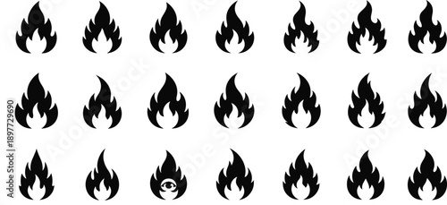 Large set of black fire flame silhouettes including campfire sparks heat and bonfire icons isolated on white background for design