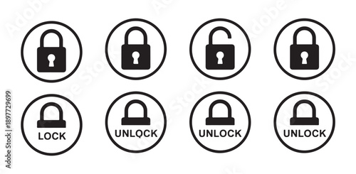 Lock and unlock icon set with padlock symbol and text labels, security protection concept
