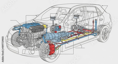 Detailed Car Engine Mechanical Diagram Illustration.