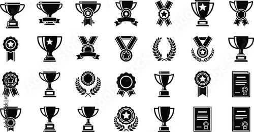 Trophy award silhouettes collection featuring cups medals ribbons badges certificates laurel wreaths championship prize achievement black vector icon set