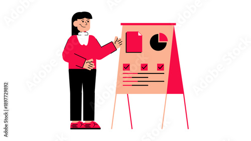 Businesswoman giving a presentation using a flipchart board with data charts and checklists