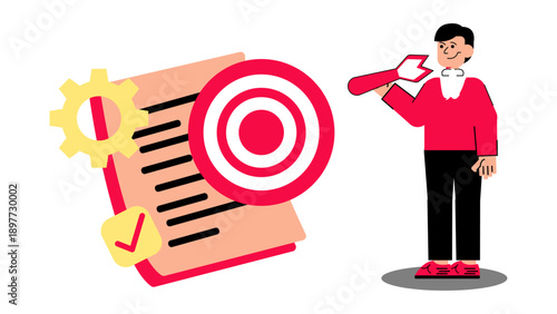 Businessman holding dart to hit the target business objective on document