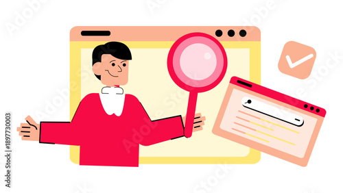 Character using magnifying glass for recruitment and hiring search on web