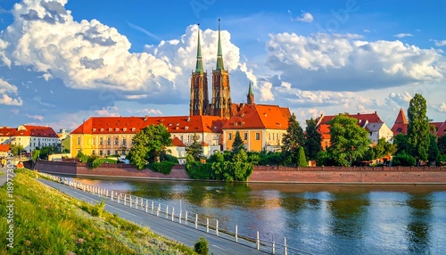 A serene waterside view showcases a grand building with twin spires, surrounded by colorful buildings under a cloudy sky
