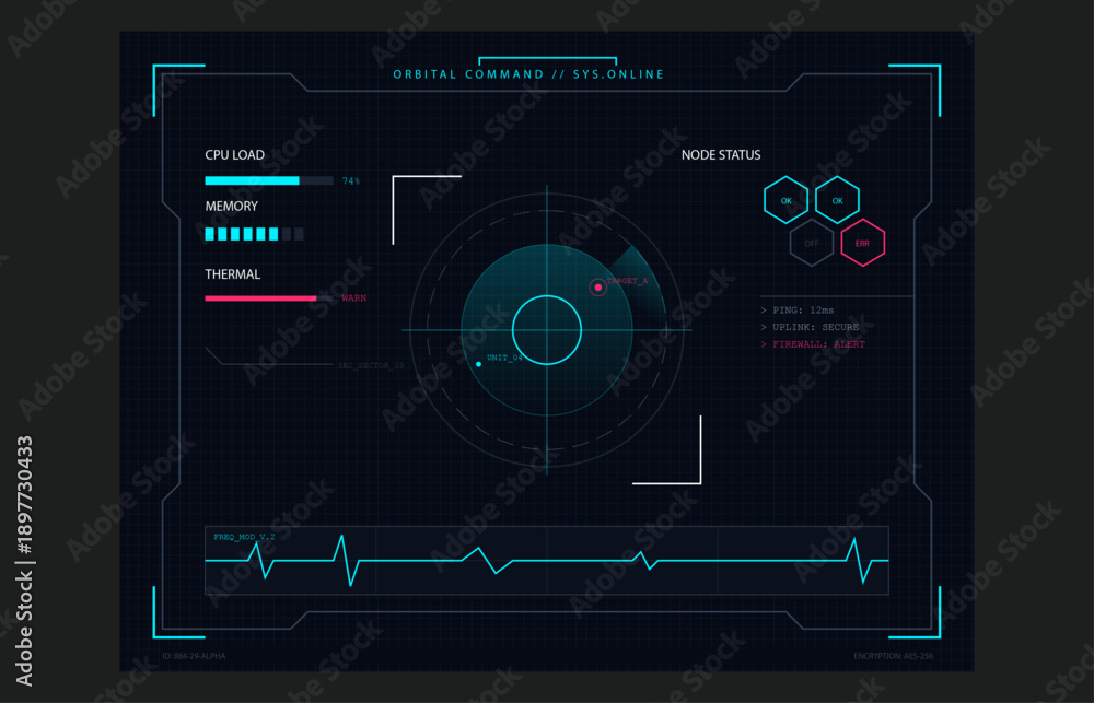 Obraz premium Dark Teal Sci Fi HUD Interface Infinity Radar Heartbeat Work Status Panel Flat Vector UI Template Illustration Design