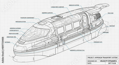 Detailed Blueprint of a High-Speed Train Section.