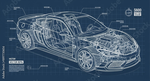 Detailed blueprint of a modern car showing internal components and engineering design.