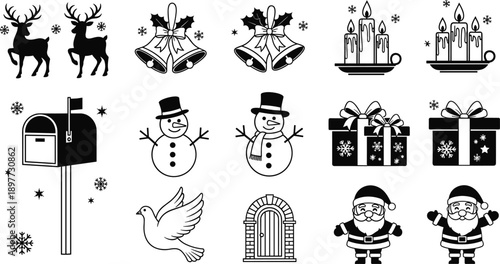Christmas holiday icon set black white silhouette vector collection reindeer snowman santa gifts candles festive winter symbols bundle