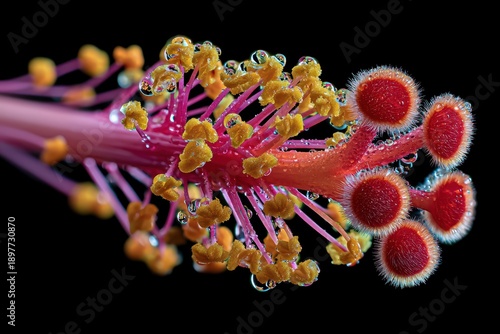 Close-up of a flower stamen with vibrant red and yellow anthers covered in dew droplets. The intricate details of the plant's reproductive part are sharply captured