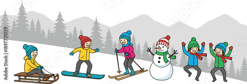 Happy kids enjoying winter activities skiing snowboarding sledding building snowman in snowy mountains, playful seasonal cartoon vector illustration