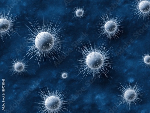 Spherical white cells with spiky protrusions float against a dark blue background, resembling microscopic organisms or viruses. The intricate detail highlights their structure